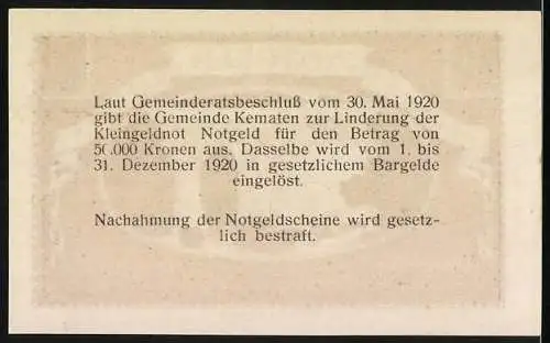 Notgeld Kematen 1920, 10 Heller, Brücke über Flussmotiv