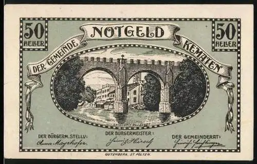 Notgeld Kematen 1920, 50 Heller, Brücke über Fluss mit Gebäuden im Hintergrund