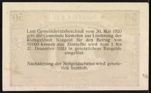 Notgeld Kematen 1920, 50 Heller, Brücke über Fluss mit Gebäuden im Hintergrund