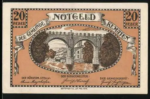 Notgeld Kematen 1920, 20 Heller, Brücke über Flussmotif, Gemeinderatsbeschluss vom 30. Mai 1920