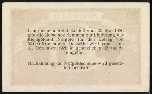 Notgeld Kematen 1920, 20 Heller, Brücke über Flussmotif, Gemeinderatsbeschluss vom 30. Mai 1920