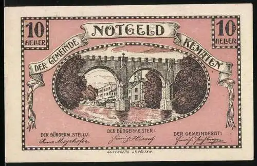 Notgeld Kematen 1920, 10 Heller, Viadukt über Fluss, Gemeinde- und Bürgermeisterangaben