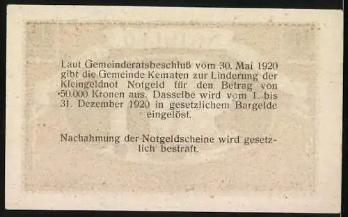 Notgeld Kematen 1920, 10 Heller, Viadukt über Fluss, Gemeinde- und Bürgermeisterangaben