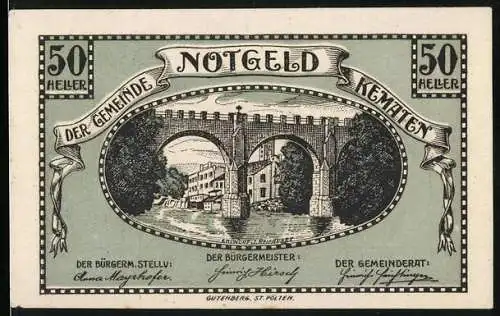 Notgeld Kematen 1920, 50 Heller, Brücke über Fluss mit Gebäuden im Hintergrund