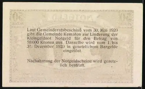 Notgeld Kematen 1920, 50 Heller, Brücke über Fluss mit Gebäuden im Hintergrund