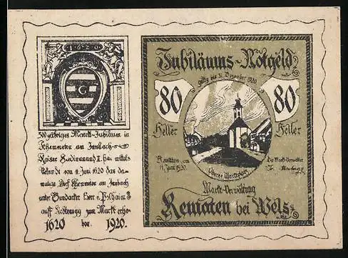 Notgeld Kematen 1920, 80 Heller, Kirche und Stadtansicht, Jubiläumsausgabe mit Wappen und Text