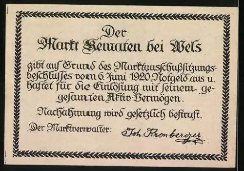 Notgeld Kematen 1920, 80 Heller, Kirche und Stadtansicht, Jubiläumsausgabe mit Wappen und Text