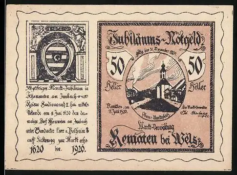 Notgeld Kematen bei Wels 1920, 50 Heller, Jubiläums-Notgeld mit Kirche und Wappen, Seriennummer enthalten