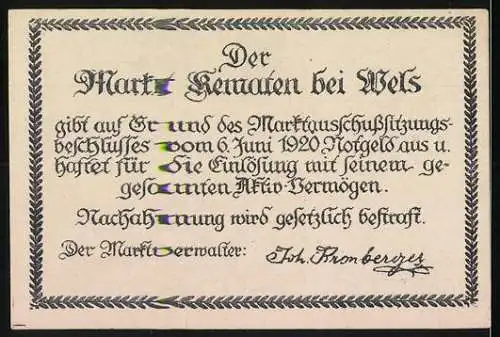 Notgeld Kematen bei Wels 1920, 50 Heller, Jubiläums-Notgeld mit Kirche und Wappen, Seriennummer enthalten