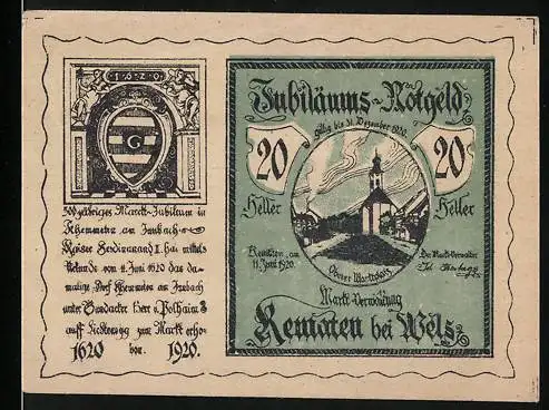 Notgeld Kematen bei Wels 1920, 20 Heller, Jubiläums-Notgeld mit Kirche und Inschrift von 1620 bis 1920