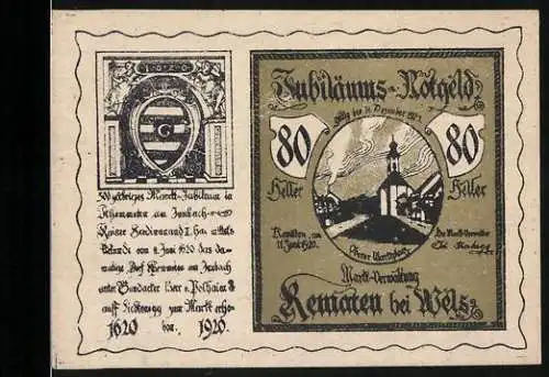 Notgeld Kematen bei Wels 1920, 80 Heller, Jubiläums-Notgeld mit Kirche und Wappen