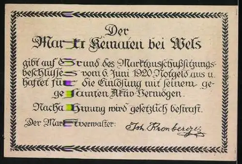 Notgeld Kematen bei Wels 1920, 80 Heller, Jubiläums-Notgeld mit Kirche und Wappen