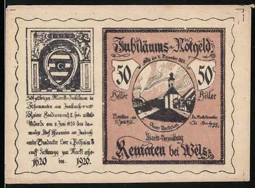 Notgeld Kematen bei Wels 1920, 50 Heller, Jubiläumsausgabe mit Kirche und Wappen