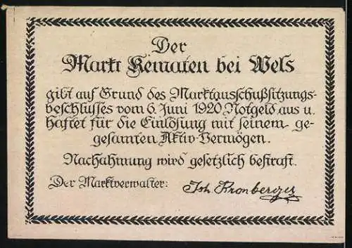 Notgeld Kematen bei Wels 1920, 50 Heller, Jubiläumsausgabe mit Kirche und Wappen