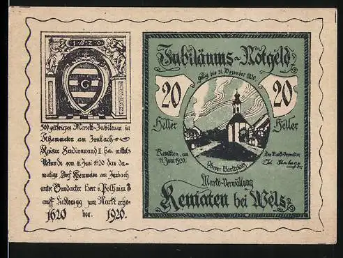 Notgeld Kematen bei Wels 1920, 20 Heller, Jubiläum mit Kirche und Wappen