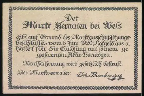 Notgeld Kematen bei Wels 1920, 20 Heller, Jubiläum mit Kirche und Wappen