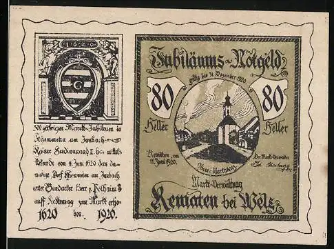 Notgeld Neukirchen bei Wels 1920, 80 Heller, Jubiläum, Kirche und Wappen