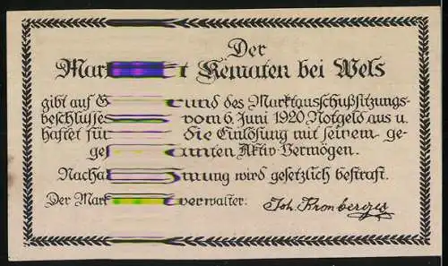 Notgeld Neukirchen bei Wels 1920, 80 Heller, Jubiläum, Kirche und Wappen