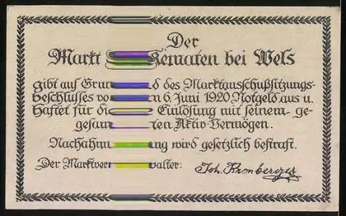 Notgeld Kematen bei Wels 1920, 50 Heller, Jubiläums-Notgeld mit Kirche und Wappen