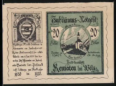 Notgeld Kematen bei Wels 1920, 20 Heller, Jubiläumsdesign mit Kirche und Text, Wappen links