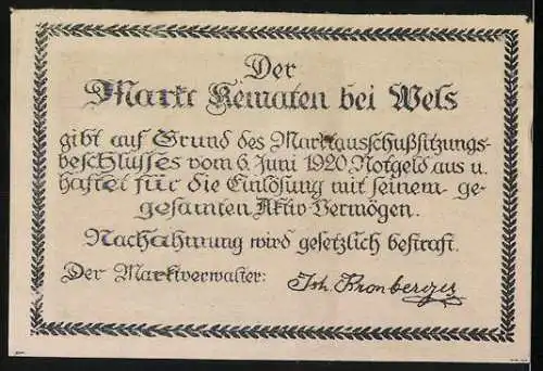 Notgeld Kematen bei Wels 1920, 20 Heller, Jubiläumsdesign mit Kirche und Text, Wappen links