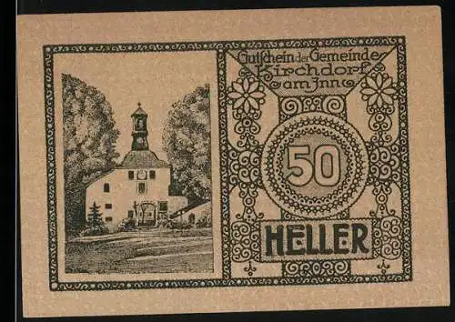 Notgeld Kirchdorf am Inn 1920, 50 Heller, Kirche und dekoratives Muster