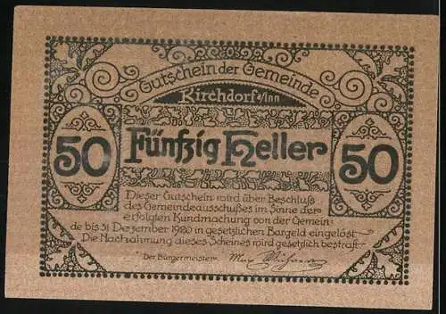 Notgeld Kirchdorf am Inn 1920, 50 Heller, Kirche und dekoratives Muster