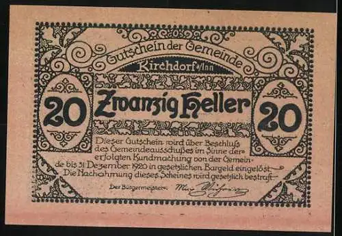 Notgeld Kirchdorf am Inn 1920, 20 Heller, Kirche und ornamentale Verzierungen