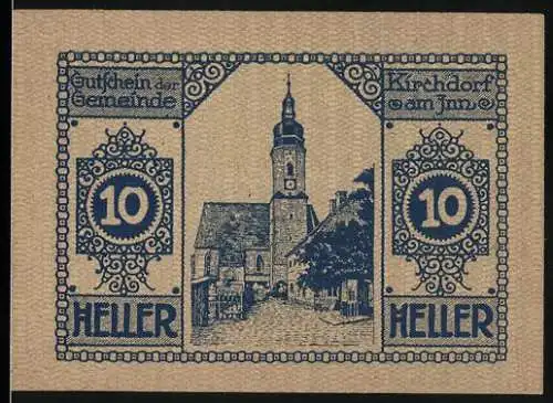 Notgeld Kirchdorf am Inn 1920, 10 Heller, Dorfansicht mit Kirchturm und Ornamentik