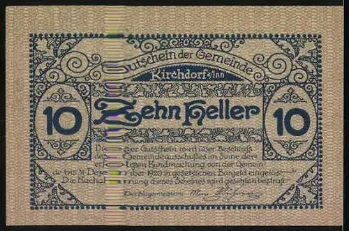 Notgeld Kirchdorf am Inn 1920, 10 Heller, Dorfansicht mit Kirchturm und Ornamentik