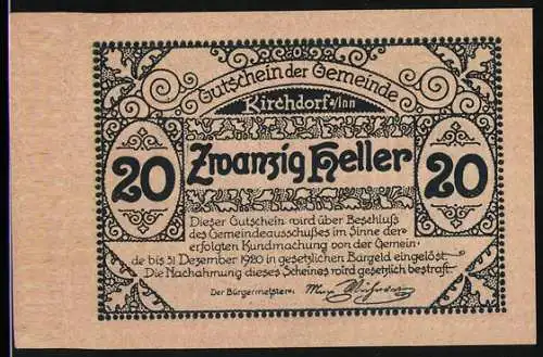 Notgeld Kirchdorf am Inn 1920, 20 Heller, dekoratives Muster und Kirchturmmotiv