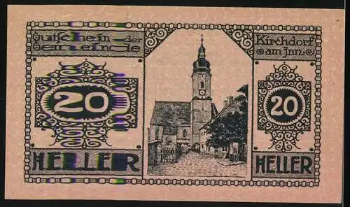 Notgeld Kirchdorf am Inn 1920, 20 Heller, dekoratives Muster und Kirchturmmotiv