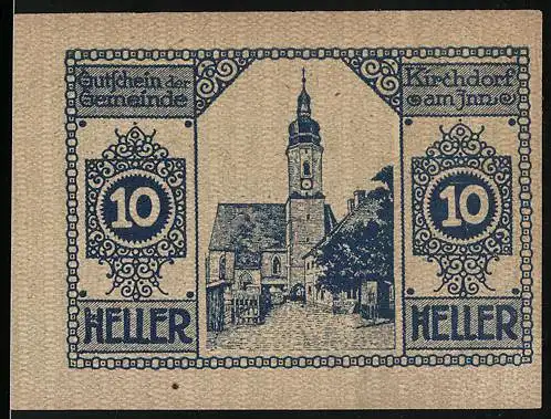 Notgeld Kirchdorf an Inn 1920, 10 Heller, Dorfszene mit Kirche und dekoratives Muster