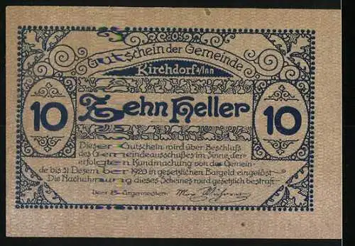 Notgeld Kirchdorf an Inn 1920, 10 Heller, Dorfszene mit Kirche und dekoratives Muster