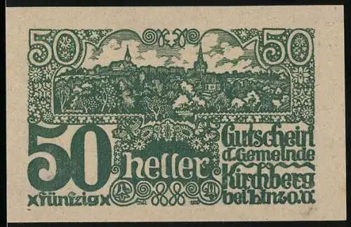 Notgeld Kirchberg 1920, 50 Heller, Stadtansicht und landwirtschaftliche Szene