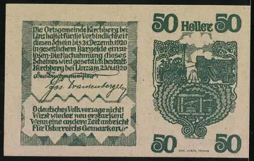 Notgeld Kirchberg 1920, 50 Heller, Stadtansicht und landwirtschaftliche Szene