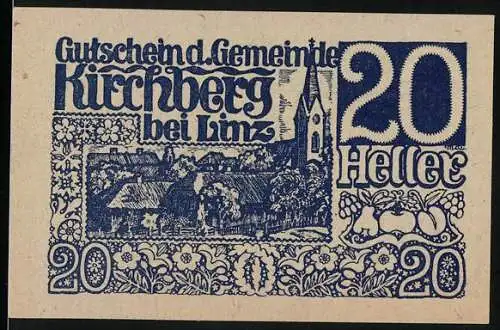 Notgeld Kirchberg bei Linz 1920, 20 Heller, Dorfansicht und landwirtschaftliches Motiv