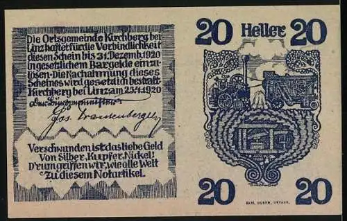 Notgeld Kirchberg bei Linz 1920, 20 Heller, Dorfansicht und landwirtschaftliches Motiv