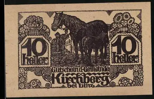 Notgeld Kirchberg 1920, 10 Heller, Pferdemotiv und Landschaftsszene mit Traktor und Haus