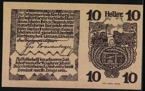 Notgeld Kirchberg 1920, 10 Heller, Pferdemotiv und Landschaftsszene mit Traktor und Haus