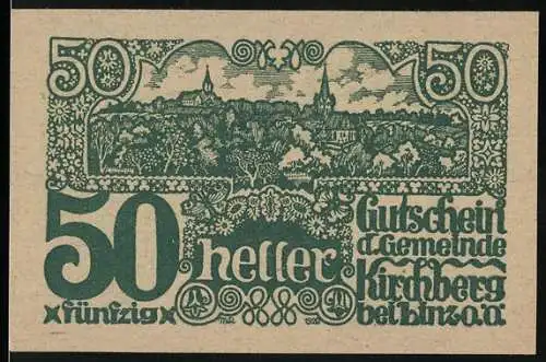 Notgeld Kirchberg 1920, 50 Heller, Stadtansicht und landwirtschaftliche Szene mit Pflug und Pferd