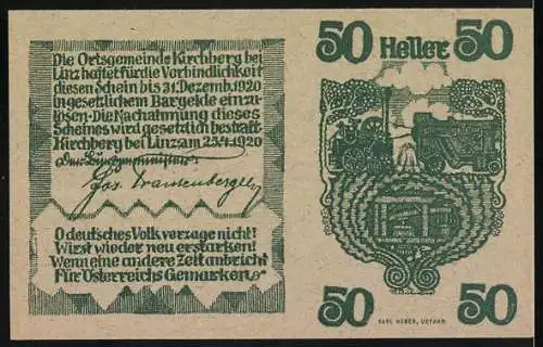 Notgeld Kirchberg 1920, 50 Heller, Stadtansicht und landwirtschaftliche Szene mit Pflug und Pferd