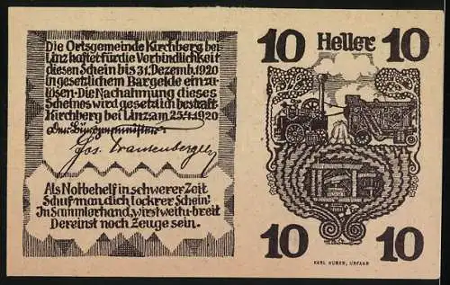 Notgeld Kirchberg bei Linz 1920, 10 Heller, Pferd vor Gebäude, dekorative Ornamente, Wappen und Text