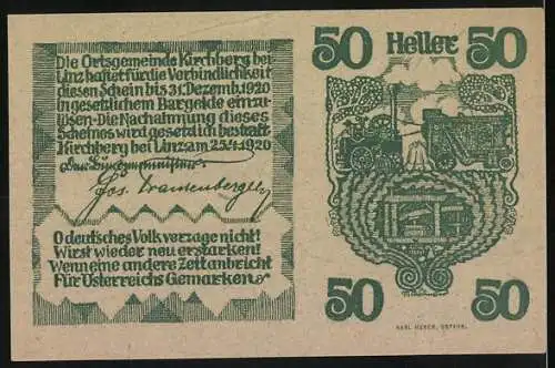 Notgeld Kirchberg 1920, 50 Heller, Landschaft und ländliche Szenen mit Traktor und Wagen