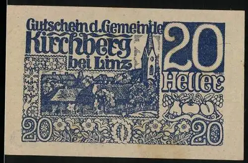 Notgeld Kirchberg bei Linz 1920, 20 Heller, Dorflandschaft und landwirtschaftliche Motive