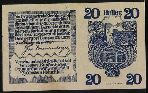 Notgeld Kirchberg bei Linz 1920, 20 Heller, Dorflandschaft und landwirtschaftliche Motive