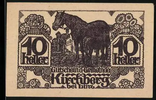 Notgeld Kirchberg bei Linz 1920, 10 Heller, Pferde und landwirtschaftliche Szene mit Pflug und Pflüger