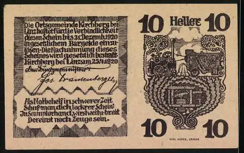 Notgeld Kirchberg bei Linz 1920, 10 Heller, Pferde und landwirtschaftliche Szene mit Pflug und Pflüger