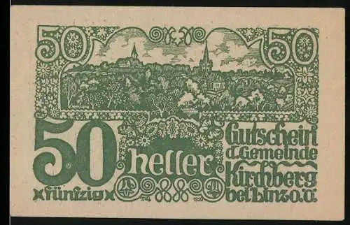 Notgeld Kirchberg bei Linz 1920, 50 Heller, Stadtansicht und ländliche Szenen