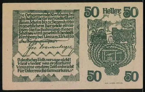 Notgeld Kirchberg bei Linz 1920, 50 Heller, Stadtansicht und ländliche Szenen